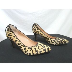 EUC! Amelia Grace Leopard Pony Hair Point Toe Bow High Heels Shoes Women Sz 6.5M